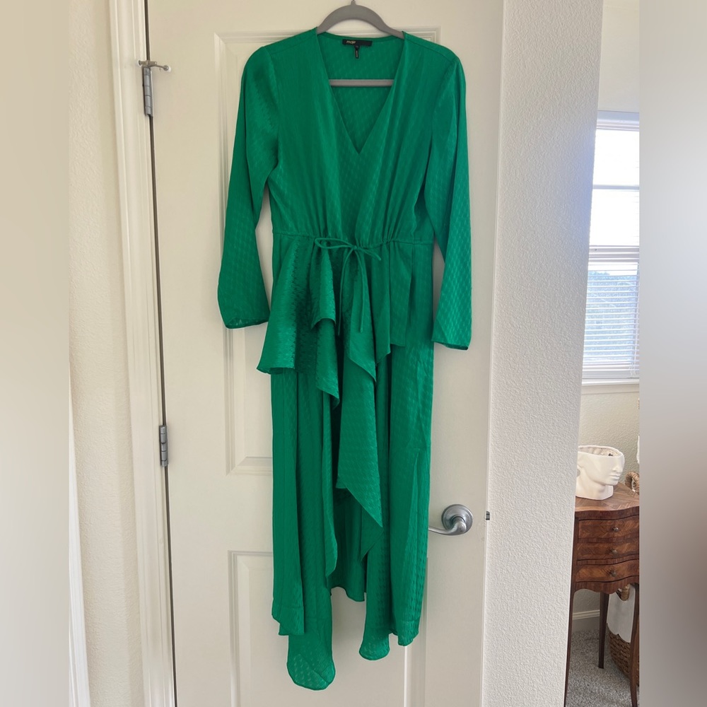 MAJE Emerald Green 3/4 Sleeve Satin Midi Dress- Worn Once. Size 38 (Med)